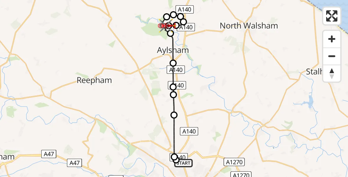 Flight route Air Ambulance Helicopter Norwich Airport - Blickling, 09 June 2026, 16:01