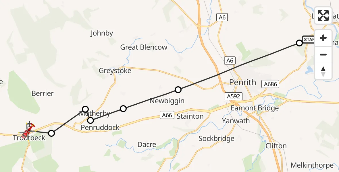 Flight route Air Ambulance Helicopter Edenhall - Troutbeck, 09 June 2026, 16:03