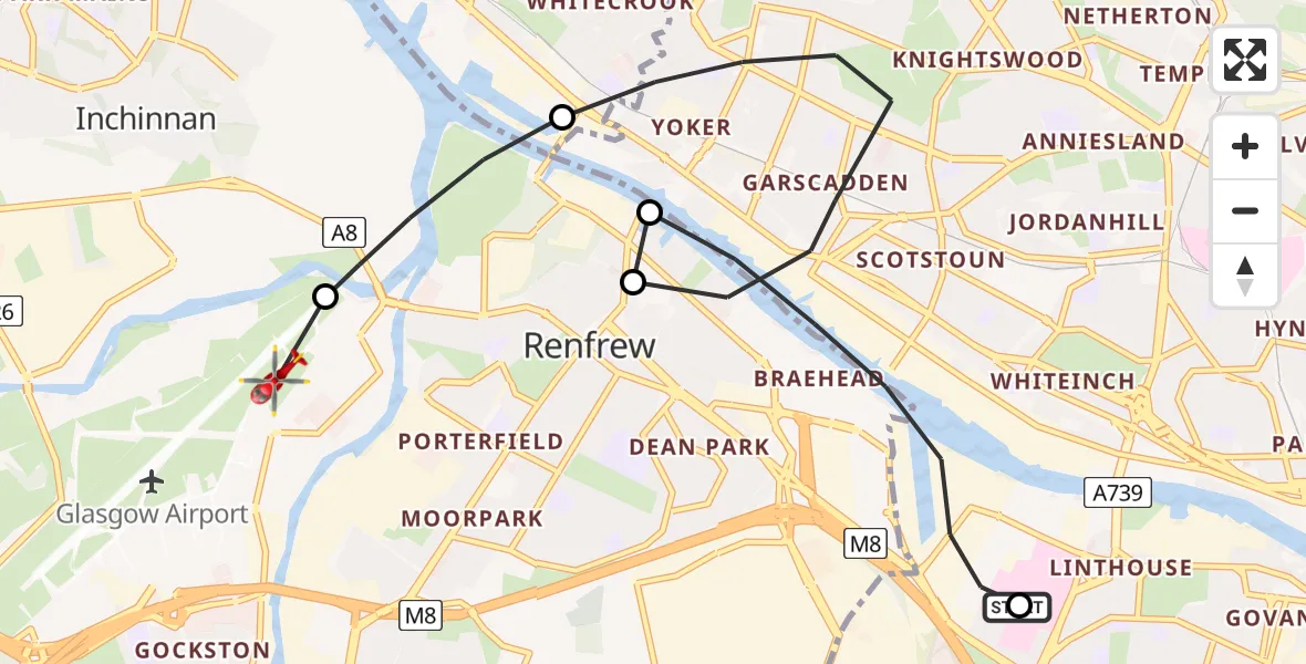 Flight route Air Ambulance Helicopter Queen Elizabeth Hospital - Glasgow Airport, 09 June 2026, 16:08