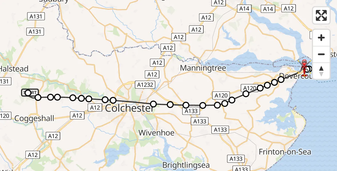 Flight route Air Ambulance Helicopter Earls Colne Airfield - Harwich, 09 June 2026, 16:09