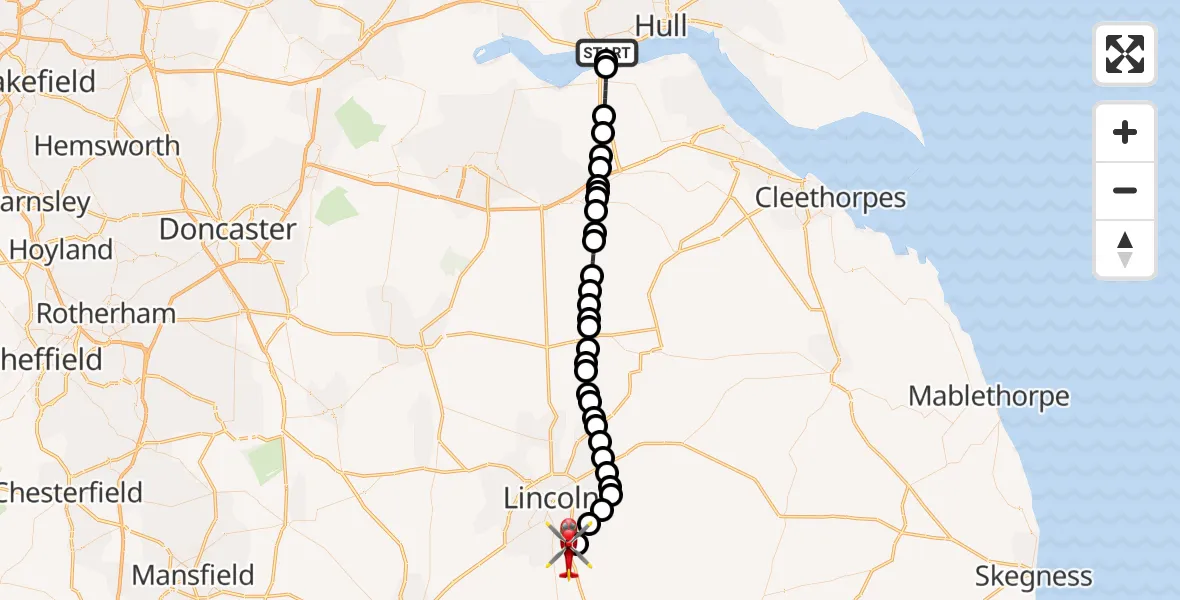 Flight route Air Ambulance Helicopter Hessle - North Kesteven, 09 June 2026, 16:13