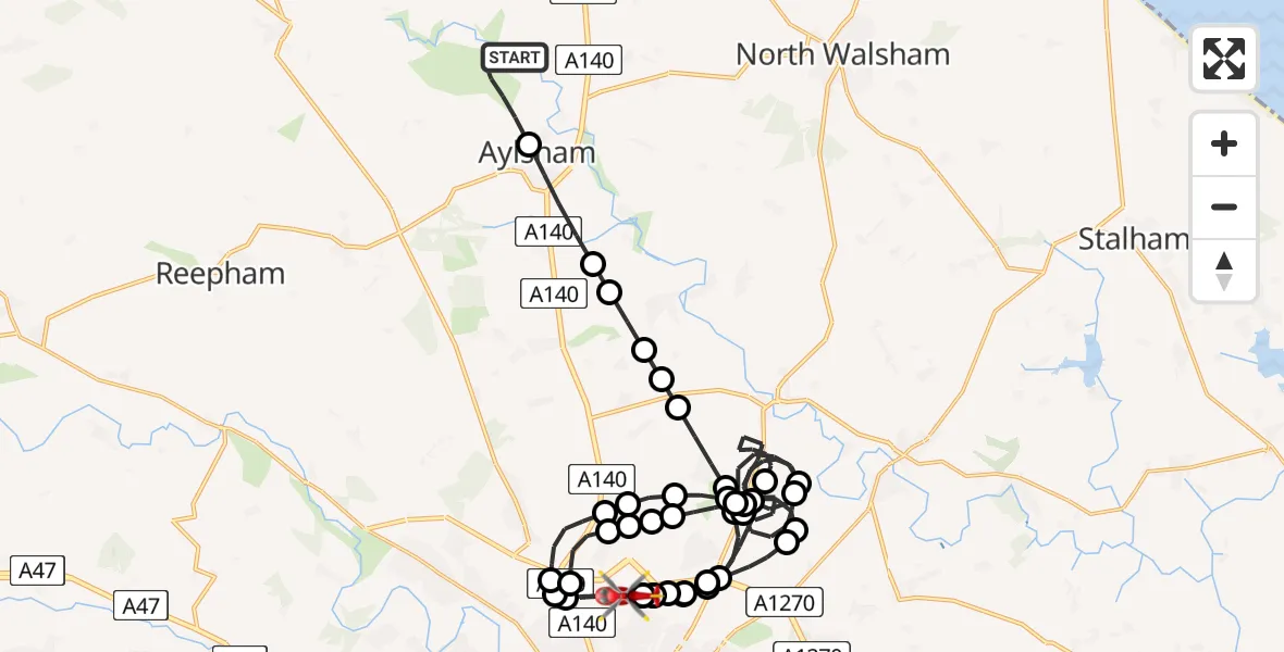 Flight route Air Ambulance Helicopter Blickling - Norwich Airport, 09 June 2026, 16:18