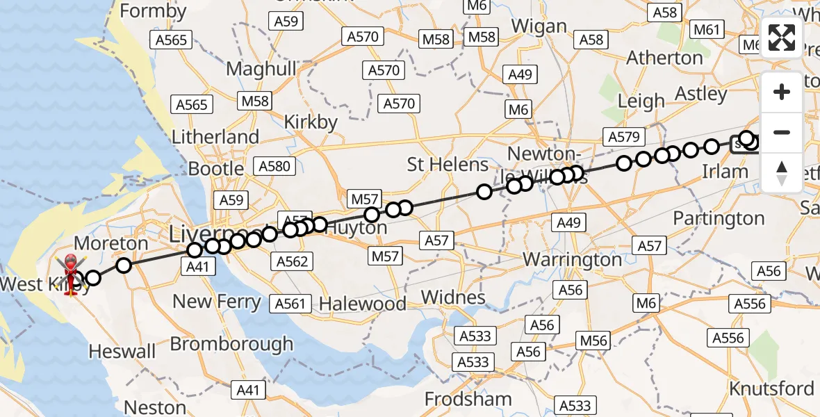 Flight route Air Ambulance Helicopter Manchester Barton Aerodrome - Hoylake, 09 June 2026, 16:18
