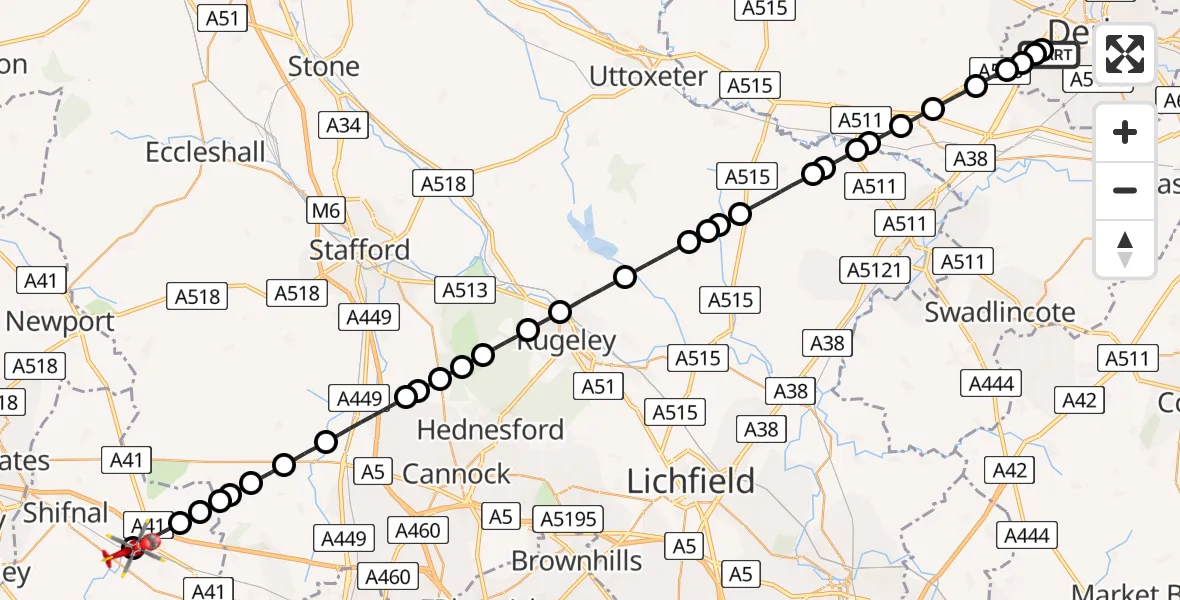 Flight route Air Ambulance Helicopter Royal Derby Trauma Unit - Cosford, 09 June 2026, 16:21