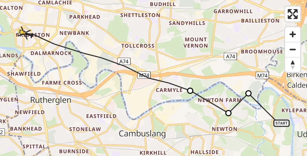 Flight route Police Helicopter Uddingston - Glasgow, 09 June 2026, 16:26