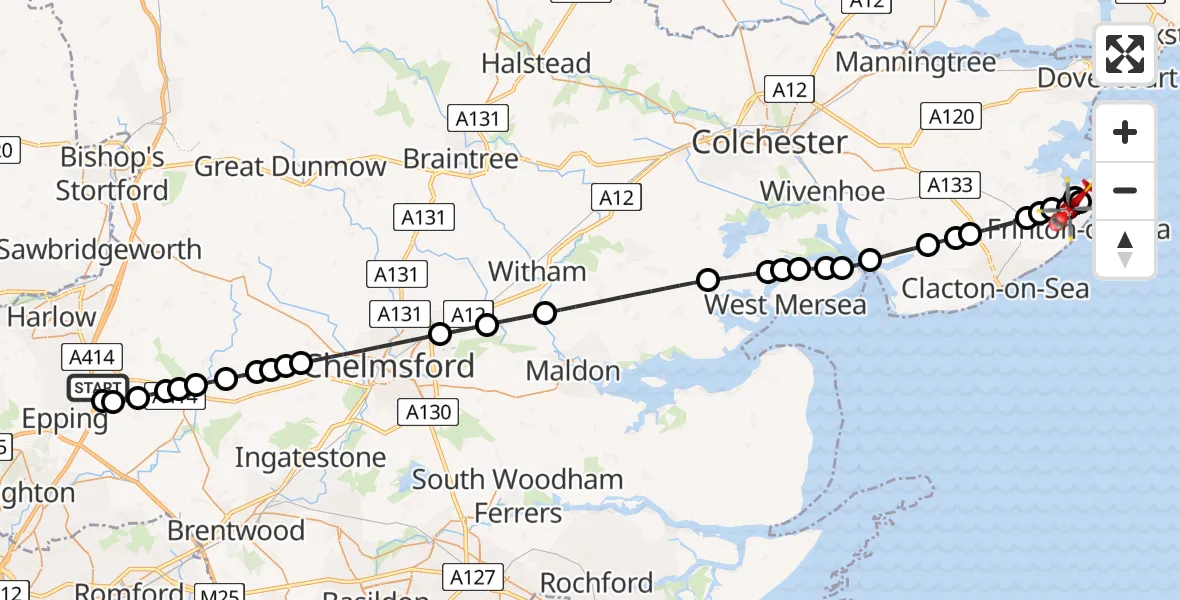 Flight route Air Ambulance Helicopter North Weald Airfield - Frinton-on-Sea, 09 June 2026, 16:34