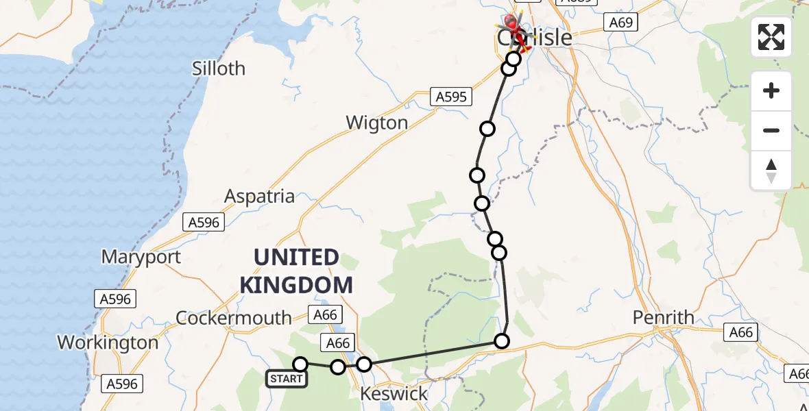 Flight route Air Ambulance Helicopter High Lorton - Carlisle General, 09 June 2026, 16:43