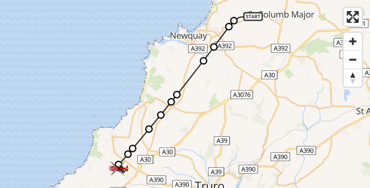 Flight route Air Ambulance Helicopter Cornwall Airport Newquay - Blackwater, 09 June 2026, 16:46