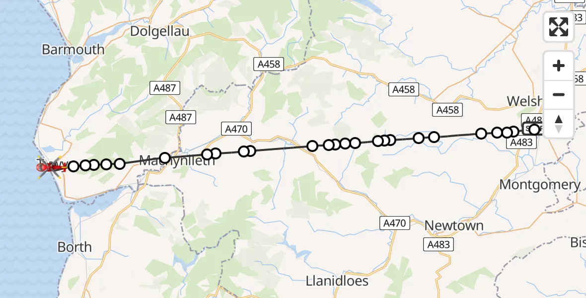 Flight route Air Ambulance Helicopter Welshpool Airport - Tywyn, 09 June 2026, 16:49