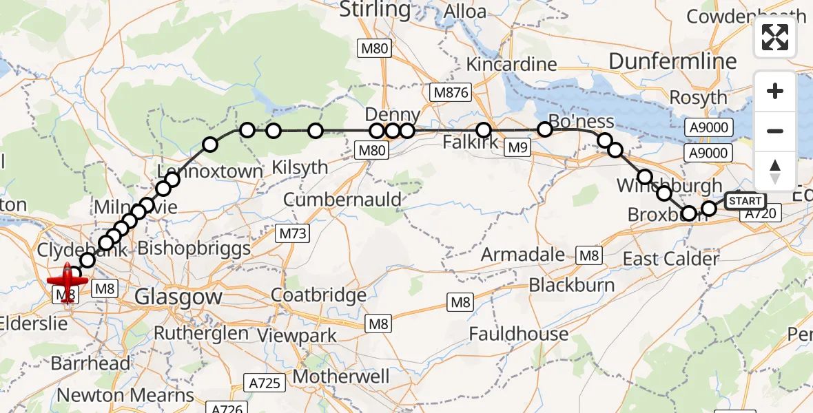 Flight route Air Ambulance Aircraft Edinburgh Airport - Glasgow Airport, 09 June 2026, 16:52