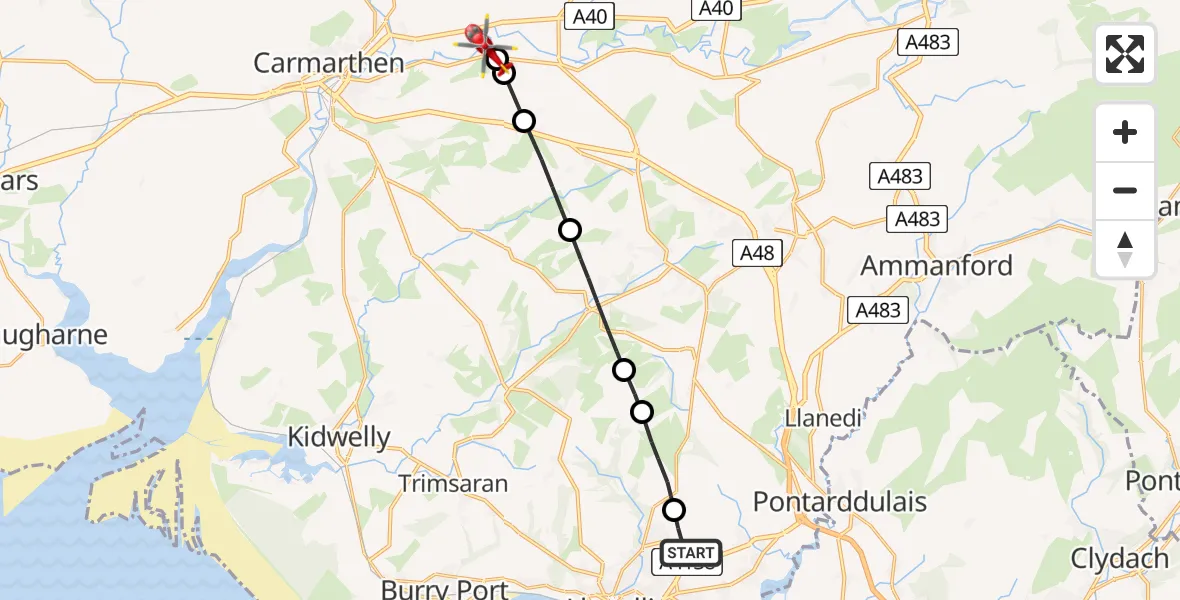 Flight route Air Ambulance Helicopter Dafen - Abergwili, 09 June 2026, 16:52