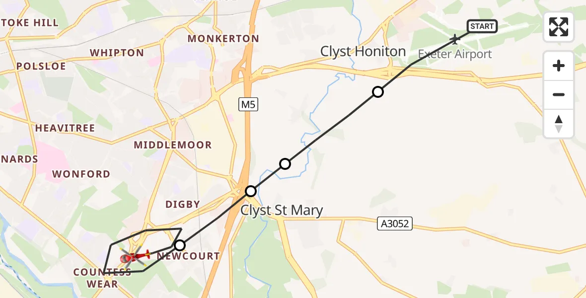Flight route Air Ambulance Helicopter Exeter International Airport - Topsham, 09 June 2026, 16:55