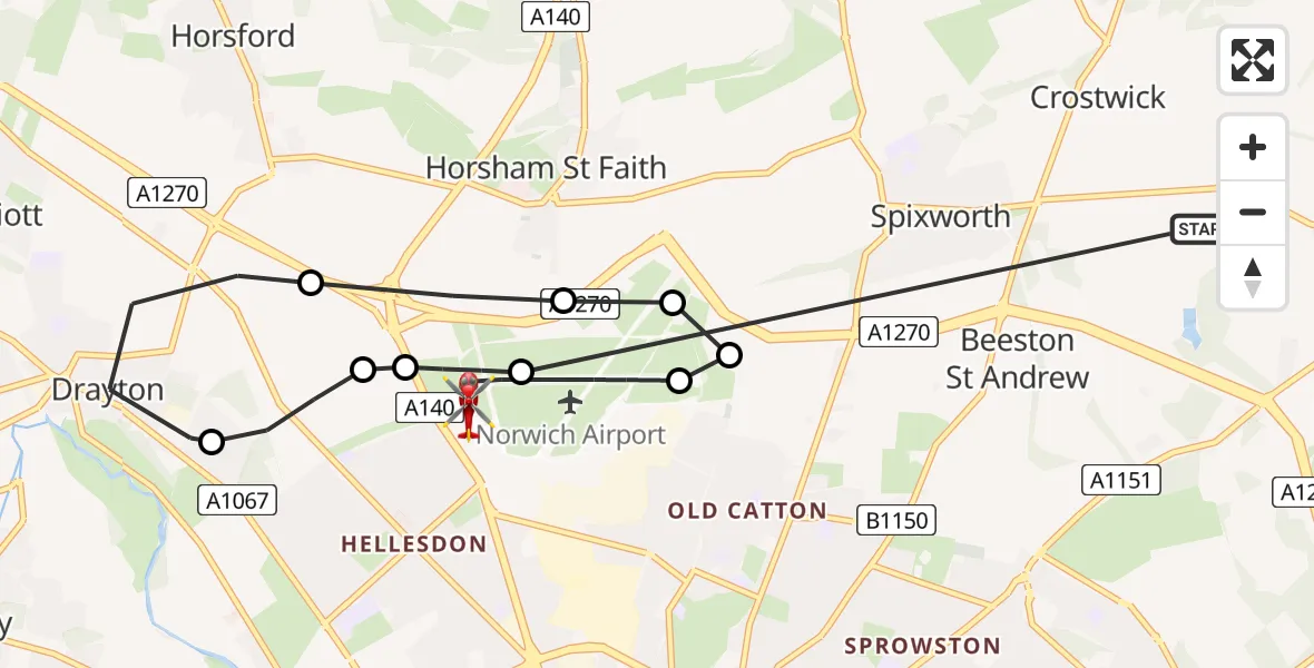 Flight route Air Ambulance Helicopter Crostwick - Norwich Airport, 09 June 2026, 17:03