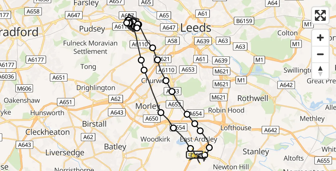 Flight route Police Helicopter East Ardsley - East Ardsley, 09 June 2026, 17:07