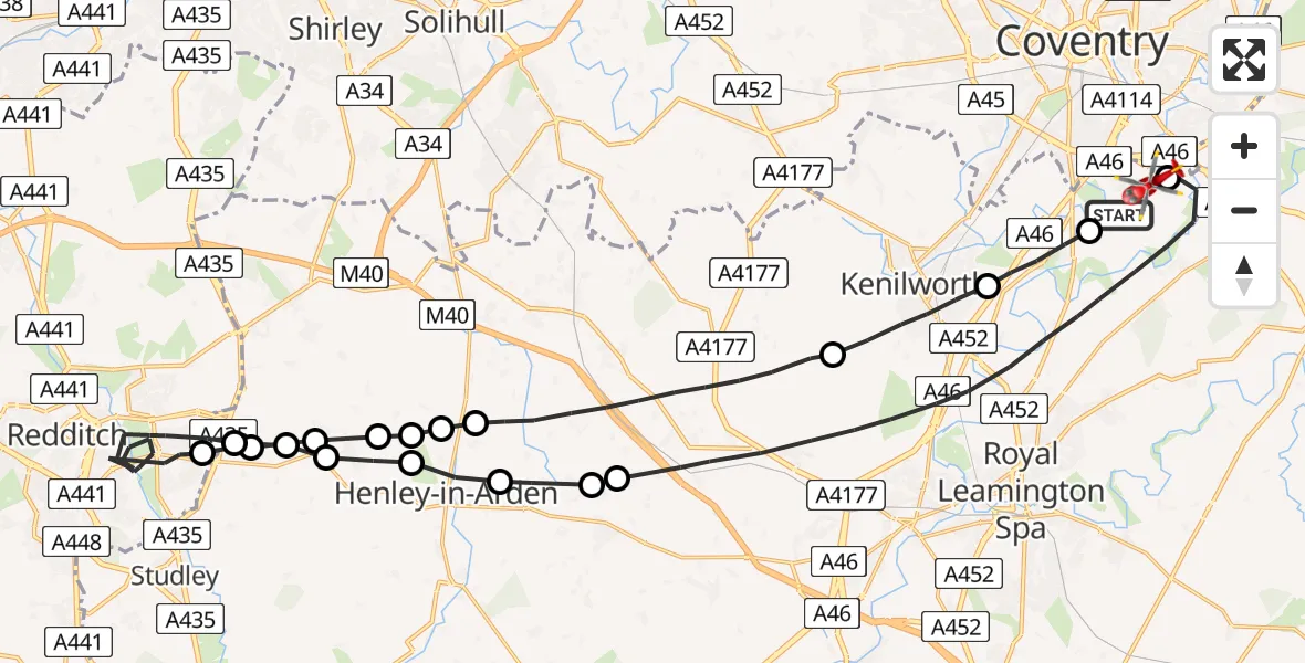 Flight route Air Ambulance Helicopter Coventry Airport - Coventry Airport, 09 June 2026, 17:09