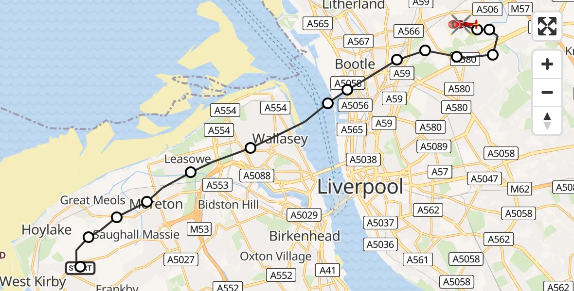 Flight route Air Ambulance Helicopter Hoylake - Aintree University Hospital Heliport, 09 June 2026, 17:10