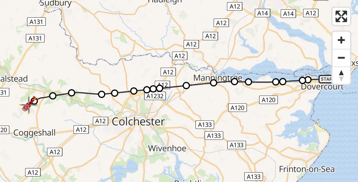 Flight route Air Ambulance Helicopter Harwich - Earls Colne Airfield, 09 June 2026, 17:10
