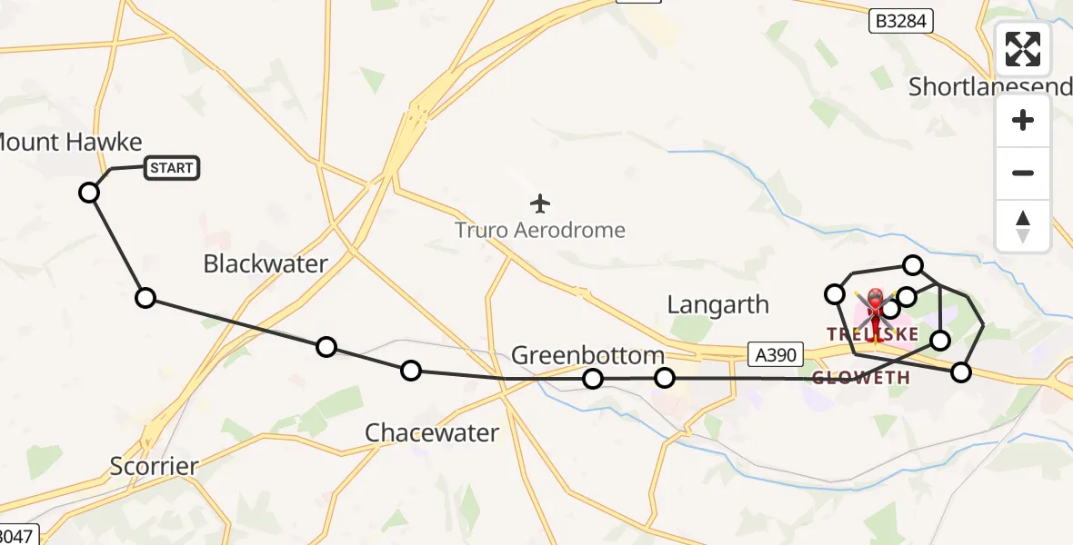 Flight route Air Ambulance Helicopter Blackwater - Treliske Hospital, 09 June 2026, 17:23