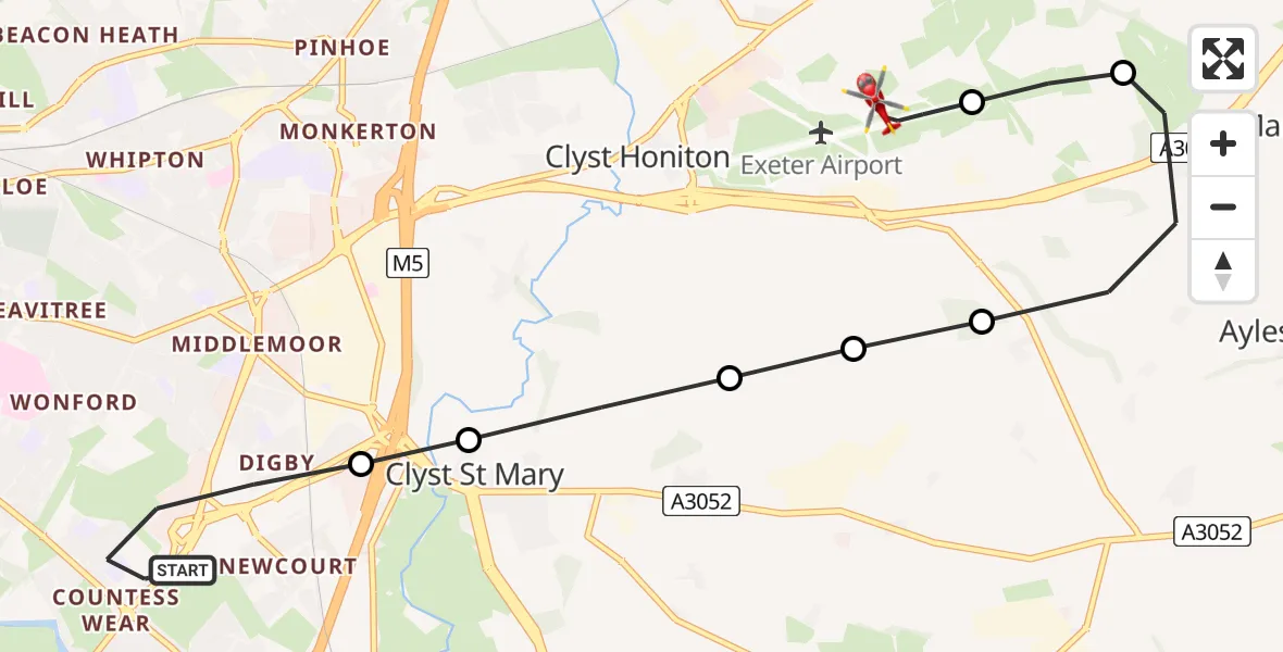 Flight route Air Ambulance Helicopter Topsham - Exeter International Airport, 09 June 2026, 17:28