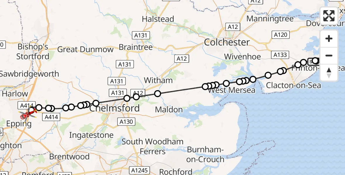 Flight route Air Ambulance Helicopter Kirby-le-Soken - North Weald Airfield, 09 June 2026, 17:32