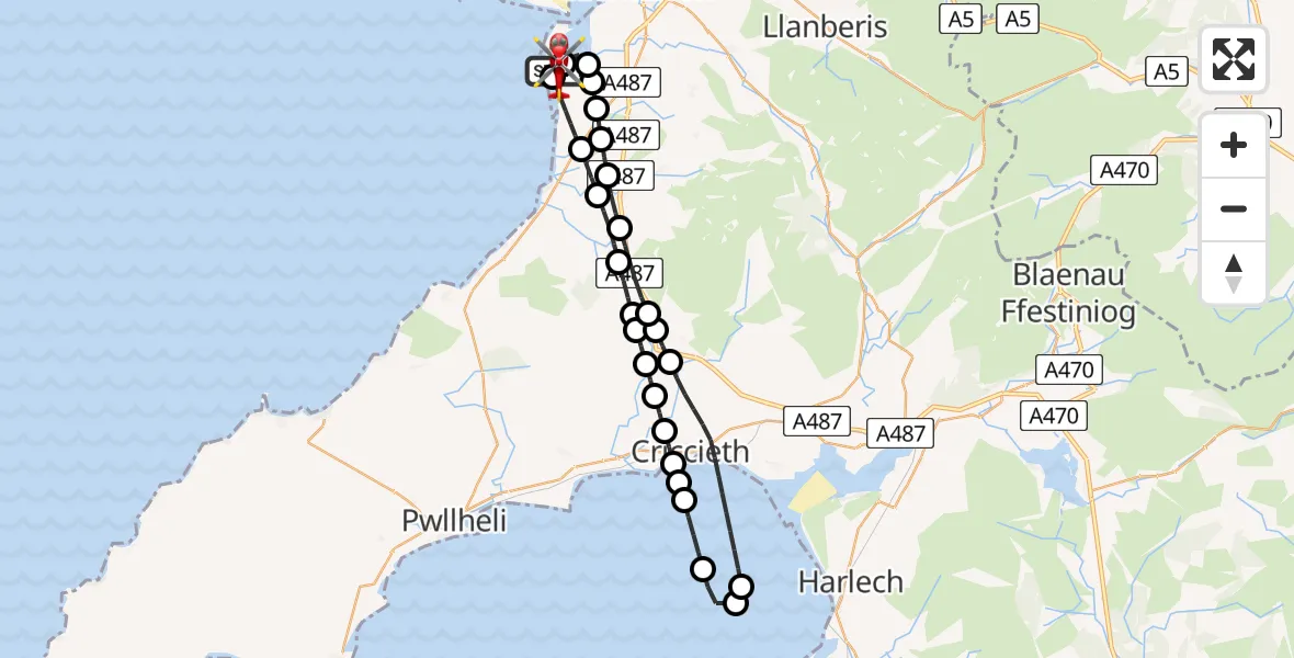 Flight route Air Ambulance Helicopter Caernarfon Airport - Caernarfon Airport, 09 June 2026, 17:33