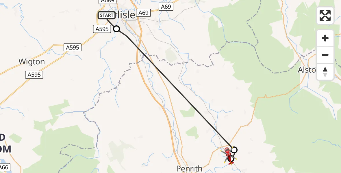 Flight route Air Ambulance Helicopter Carlisle - Langwathby, 09 June 2026, 17:34
