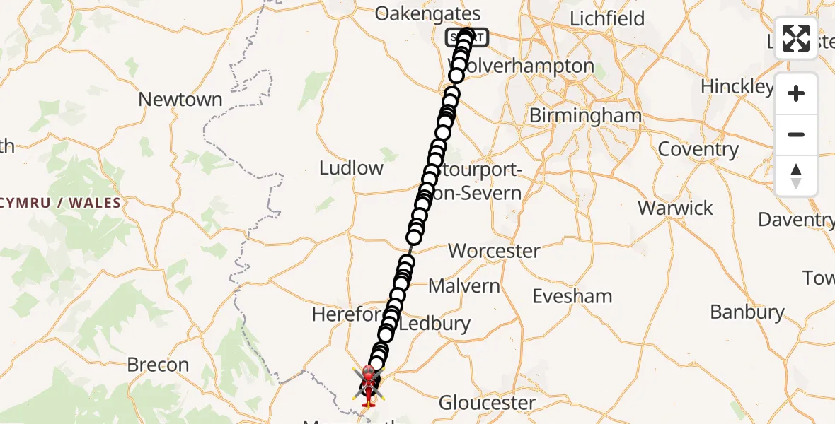 Flight route Air Ambulance Helicopter RAF Cosford - Glewstone, 09 June 2026, 17:37