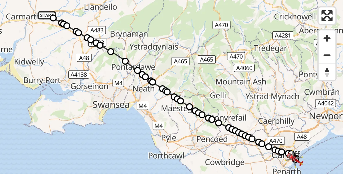 Flight route Air Ambulance Helicopter Abergwili - Cardiff Heliport, 09 June 2026, 17:40