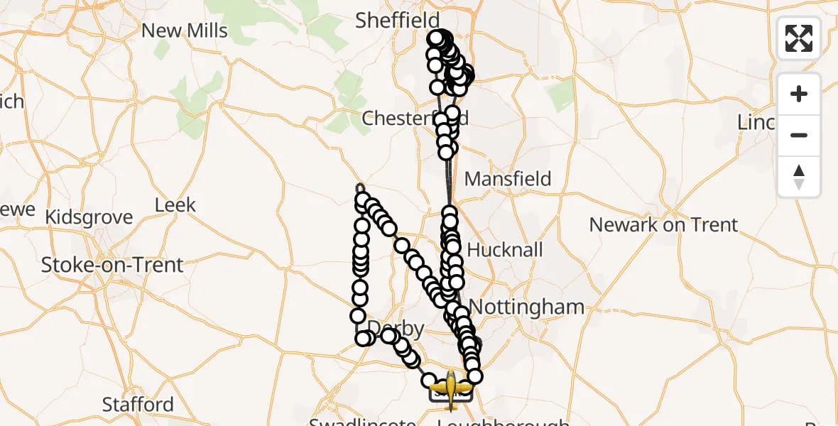 Flight route Police Aircraft East Midlands Airport - East Midlands Airport, 09 June 2026, 17:47
