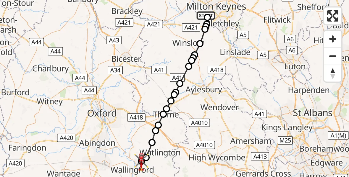 Flight route Air Ambulance Helicopter Medbourne - RAF Benson, 09 June 2026, 17:50
