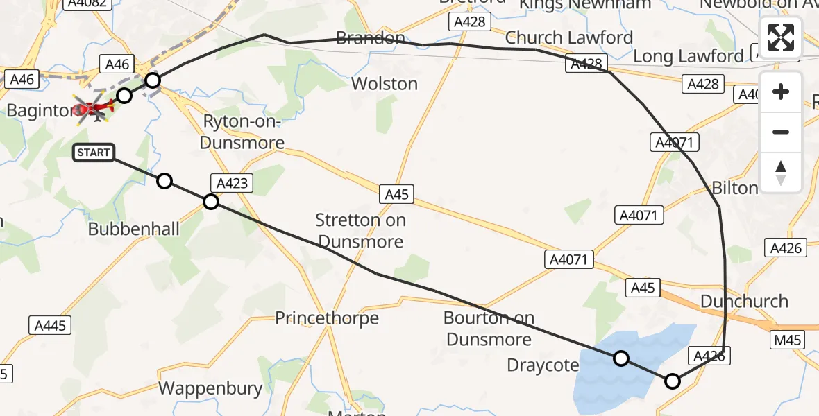 Flight route Air Ambulance Helicopter Coventry Airport - Coventry Airport, 09 June 2026, 17:52