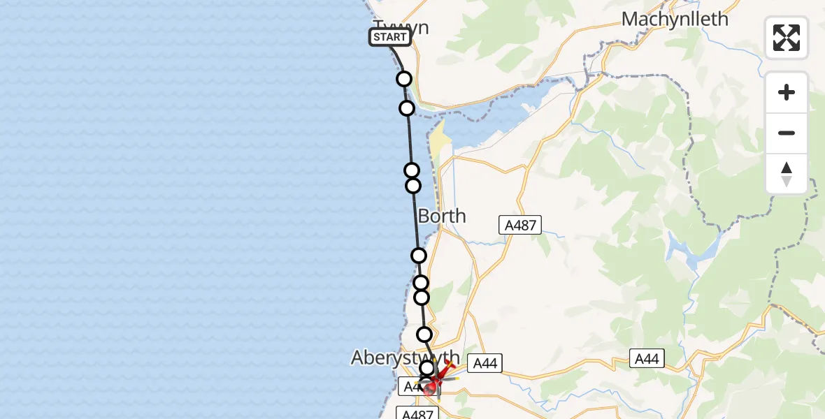 Flight route Air Ambulance Helicopter Tywyn - Aberystwyth, 09 June 2026, 18:04