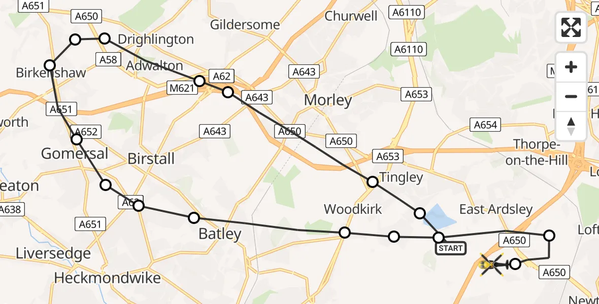 Flight route Police Helicopter East Ardsley - East Ardsley, 09 June 2026, 18:12