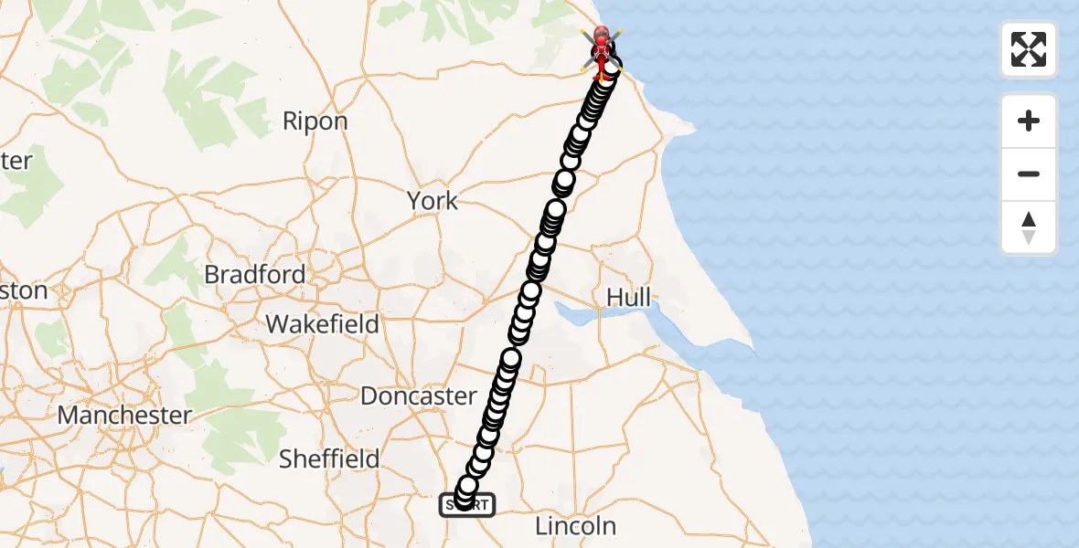 Flight route Air Ambulance Helicopter Retford Gamston Airport - Scarborough, 09 June 2026, 18:16
