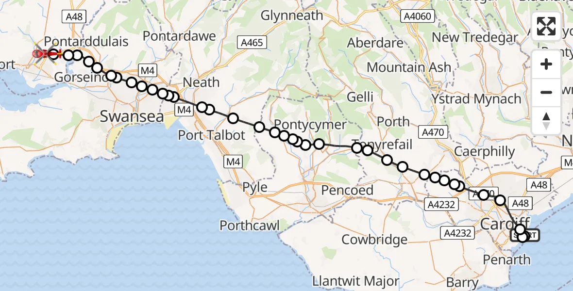 Flight route Air Ambulance Helicopter Cardiff Heliport - Dafen, 09 June 2026, 18:18