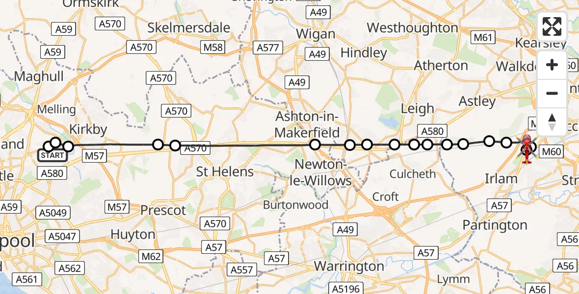 Flight route Air Ambulance Helicopter Aintree University Hospital Heliport - Irlam, 09 June 2026, 18:27