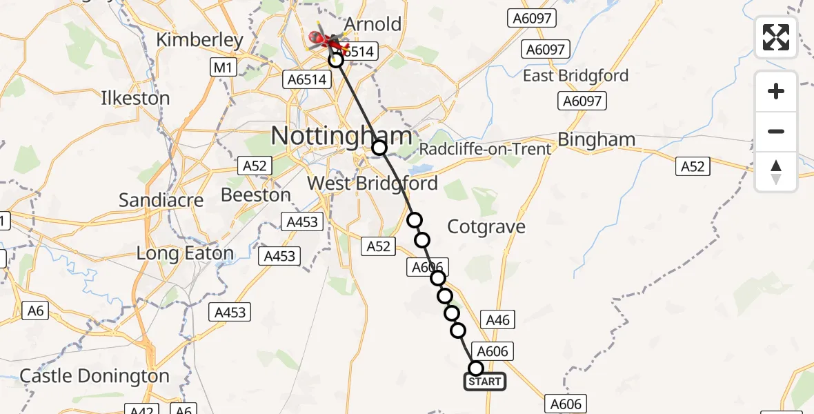 Flight route Air Ambulance Helicopter Nottingham Heliport - Bulwell, 09 June 2026, 18:29