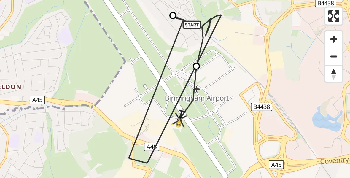 Flight route Police Helicopter Birmingham Airport - Birmingham Airport, 09 June 2026, 18:29