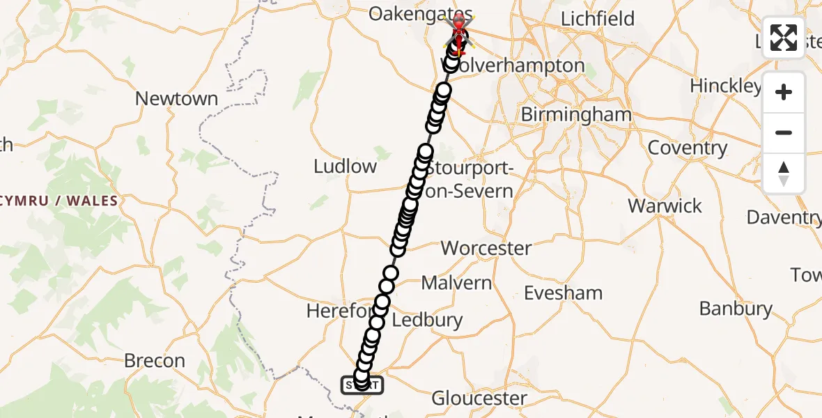 Flight route Air Ambulance Helicopter Llangarron - Cosford, 09 June 2026, 18:33