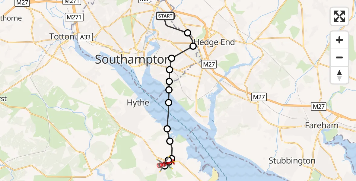 Flight route Air Ambulance Helicopter Townhill Park - Fawley, 09 June 2026, 18:36