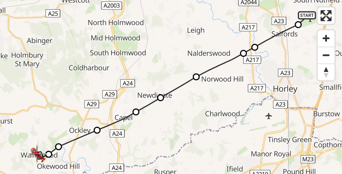 Flight route Air Ambulance Helicopter Redhill Aerodrome - Walliswood, 09 June 2026, 18:40