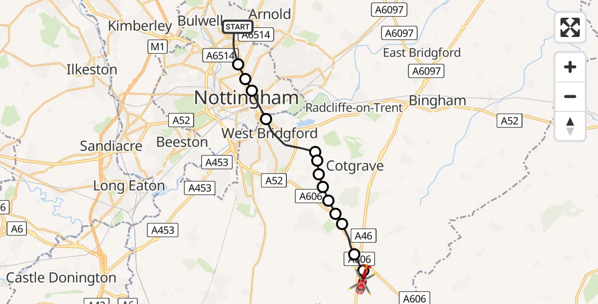 Flight route Air Ambulance Helicopter Bulwell - Nottingham Heliport, 09 June 2026, 19:05