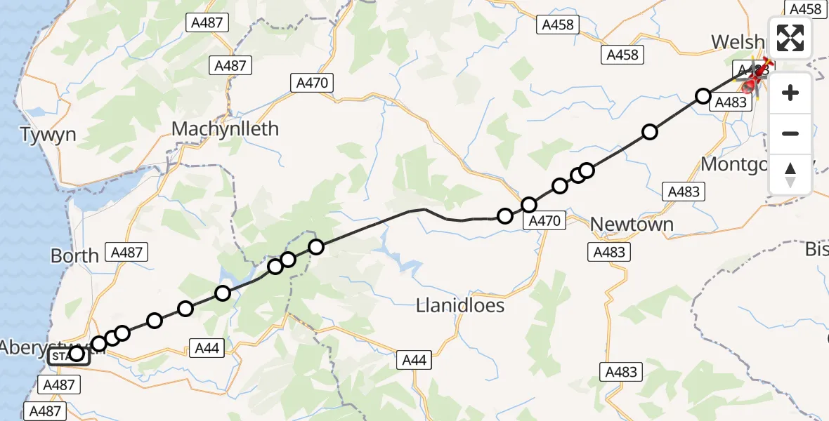 Flight route Air Ambulance Helicopter Aberystwyth - Welshpool, 09 June 2026, 19:09