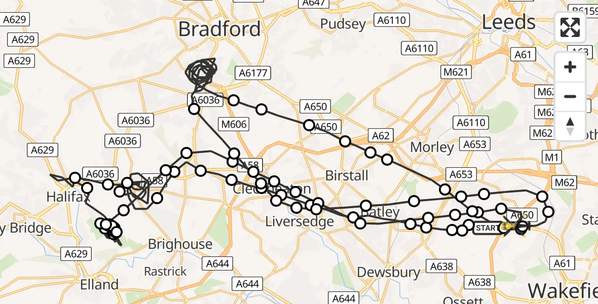 Flight route Police Helicopter East Ardsley - East Ardsley, 09 June 2026, 19:14