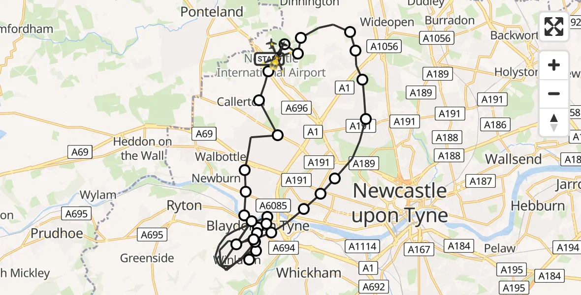 Flight route Police Helicopter Newcastle International Airport - Woolsington, 09 June 2026, 19:17