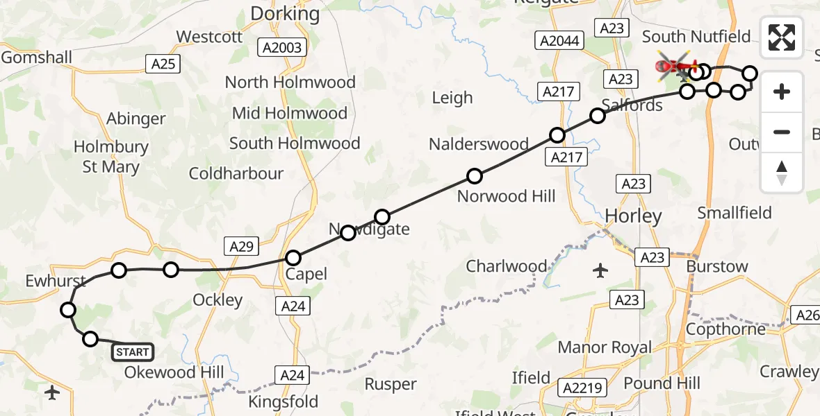 Flight route Air Ambulance Helicopter Walliswood - Redhill Aerodrome, 09 June 2026, 19:29