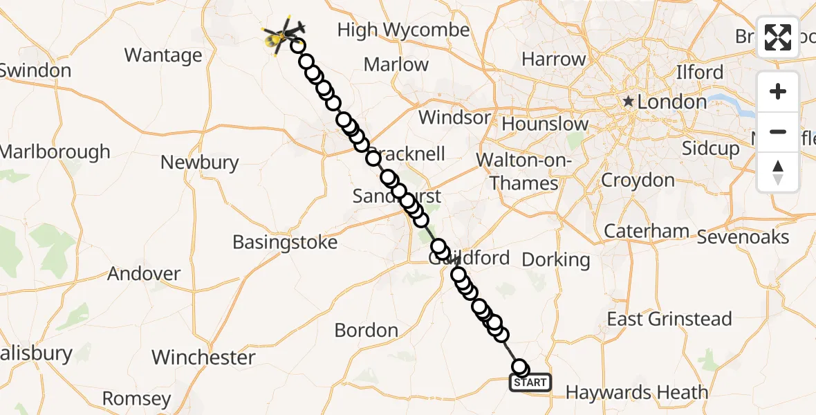 Flight route Police Helicopter Horsham - RAF Benson, 09 June 2026, 19:42
