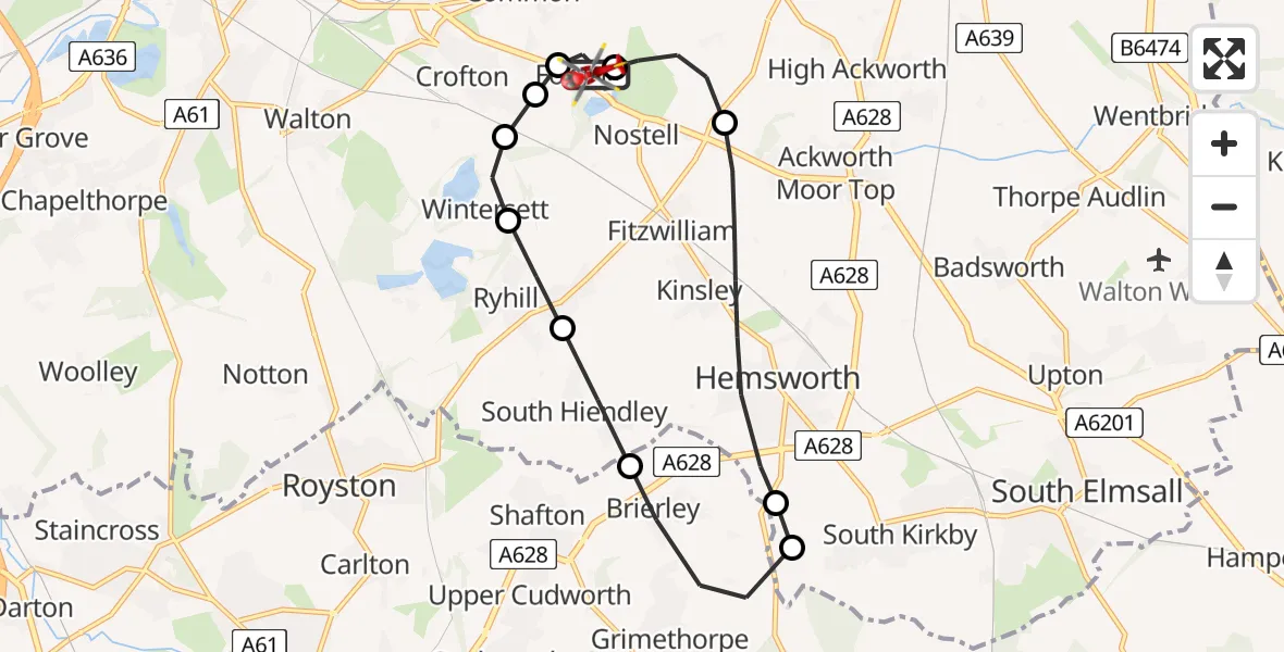 Flight route Air Ambulance Helicopter YAA Nostell Helicopter Port - YAA Nostell Helicopter Port, 09 June 2026, 19:43