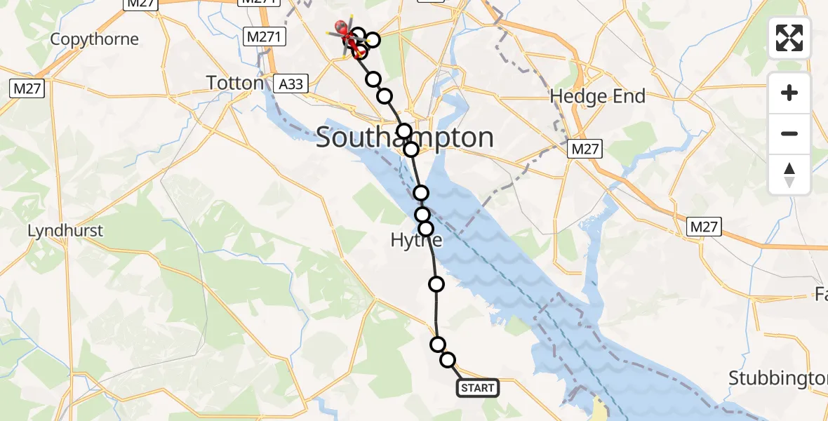 Flight route Air Ambulance Helicopter Blackfield - University Hospital Southampton, 09 June 2026, 19:43