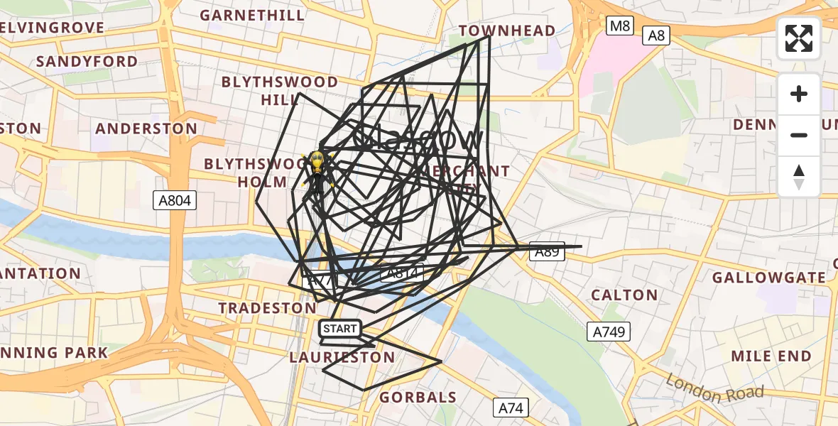 Flight route Police Helicopter Glasgow - Glasgow, 09 June 2026, 19:47